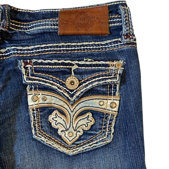 TRADEMARK H Bootcut Jeans Pocket Flaps Blue Embellishments Size 9/10 - Picture 13 of 14
